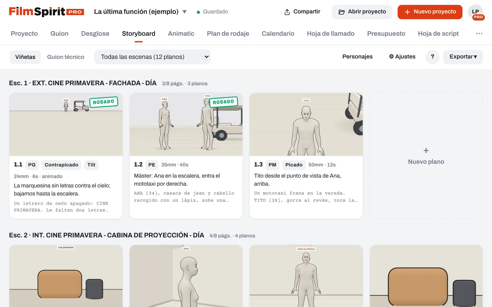 Storyboard con viñetas en 3D de maniquíes y datos de cada plano